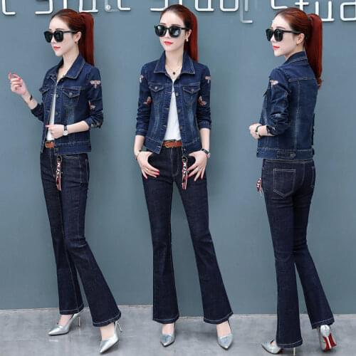 New Two-piece Set Womens Embroidery Demin Jacket And Demin Flare Pants Spring And Autumn 2-Piece Set