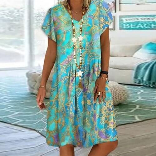 2021 New Women Floral Printing Dress Summer V-Neck Short Sleeve A-Line Dresses Female Retro litera Vintage Loose Dress sukienka