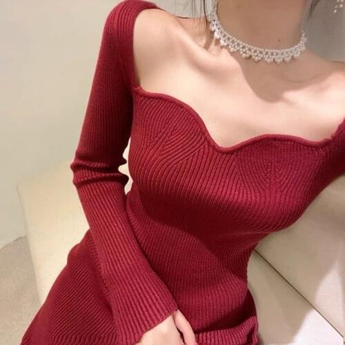 Vintage Knitted Dress Women Square Collar Full Sleeve Slim Sweater Dress Women Autumn Elegant French Knitwear Female CX2189