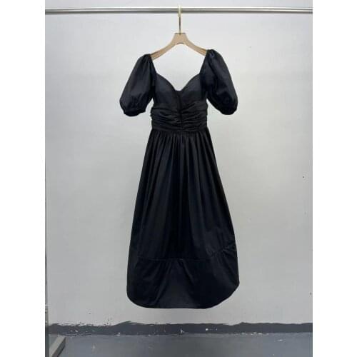 Women 2021 Summer Boho Midi Black Dress Square Collar Short Sleeves Bow Draped Party Top Quality Dress Luxury Runway