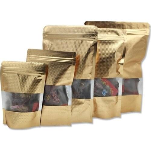 Gold 15*22cm 50Pcs/Lot Ziplock Mylar Bean Reclosable Pouch Stand Up Valve Aluminum Foil Lines Bag With Window For Snack Package