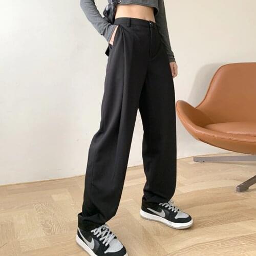 New Womens Casual Pants Office High Waist Black Grey 2021 Summer Fashion Loose Pocket Trousers Female Classic Women Clothing