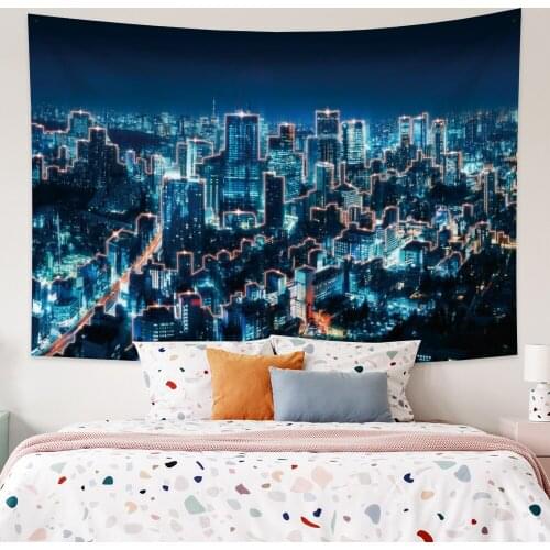 Dark Blue City Night View Tapestry Vintage Exotic Summer Plant Nature Frame for Bedroom Photography Wall Decor