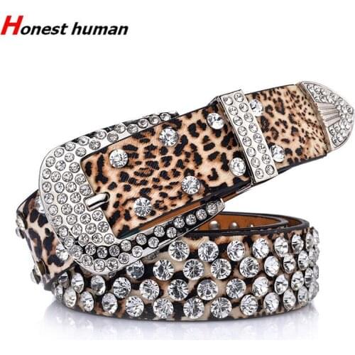 Fashion Leopard Print Rhinestone Wide Leather Belts for Women Luxury Diamond PU Leather Pin Buckle Jeans Decorative Belt Party