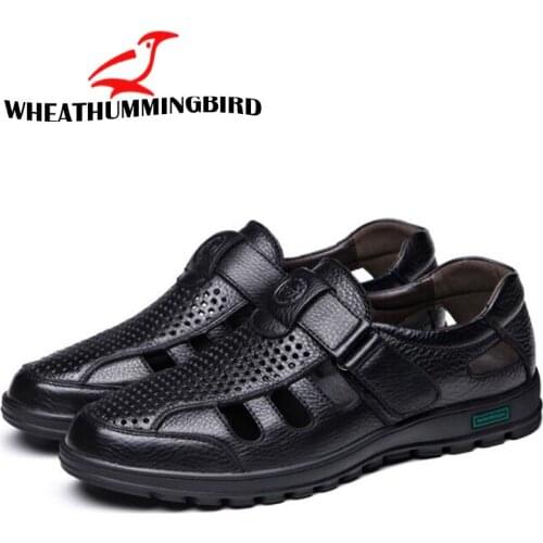 Mens soft leather Summer Sandals Mature man Casual Shoes Fashion Flats Beach Shoes dad Slippers Breathable Middle-age shoe RA-12