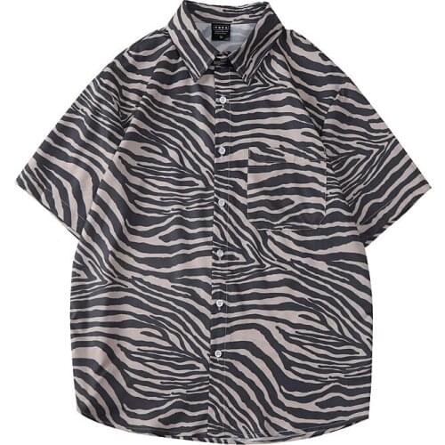 Men Shirts Zebra Pattern Print Short Sleeve Loose Casual Shirt Summer Korean Style Hip Hop High Street Vintage Male Top Harajuku