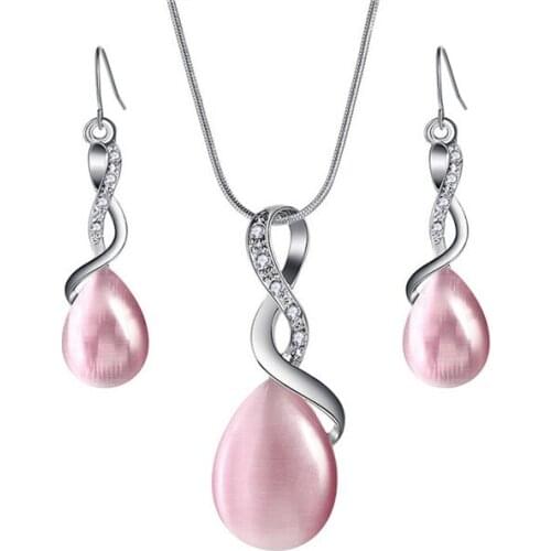 Trendy Spiral Water Drop Jewelry Sets for Women Opal Crystal Pendant Necklaces Dangler Earrings Party Wedding Jewelry Set