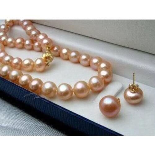 Nobility Womans natural 8-9MM Natural Pink Akoya Cultured Pearl necklace earrings set 18" -jewelry -jewelry