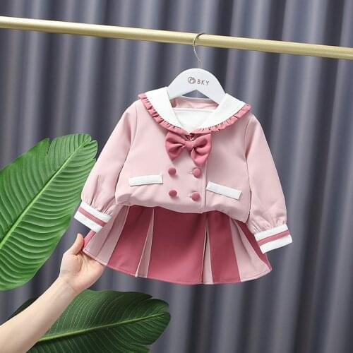 Autumn Baby Girls 2pcs Clothes Set Children Kids Baby Bow Coat Outwear+Pleated Skirt Fashion Suits Kids