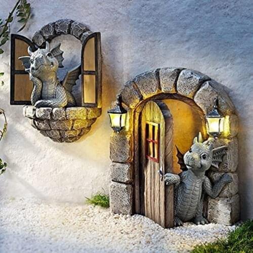 Garden Statue Dinosaur Sculpture Wall Art Resin Ornaments Dragon Open Window For Home Outdoor Decoration садовые фигуры большие