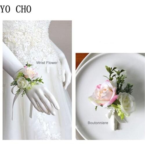 Silk Roses Bride Wrist Corsage Flower Pink Groom Boutonniere Pin Flower Wedding Bracelet for Bridesmaid Prom Mariage Accessories