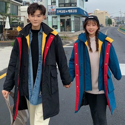 Bella Philosophy 2019 Winter Warm Cotton-padded Couples Workwear Cotton Coat Korean Mid-length Female patchwork Hooded Parkas