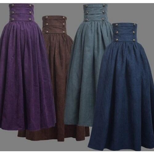 2019 New Woman Medieval Elegant Skirt Solid Hight Waist Middle Ages Renaissance Costumes Vintage Swing Pleated Skirts