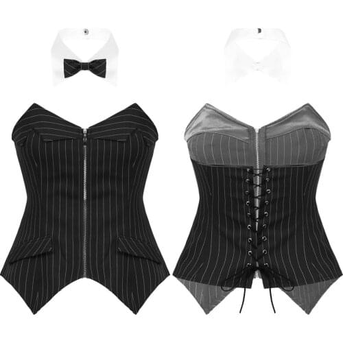 Womens Fashion Striped Bustier Corset Sexy Zipper Lace-up Basque Waist Cincher Bustier Lingerie Tops Bar Workwear Pirate Costume