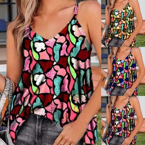 Summer New V-neck Suspender Printed Sleeveless Vest Womens Retro T-shirt Geometric Pattern Tops Sexy Tank Top Chaleco Gilet