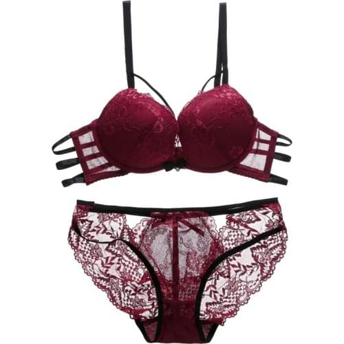 Ladies Lace Embroidered Beauty Lingerie Back Front Buckle Gathered Adjustable Bra + Briefs Set