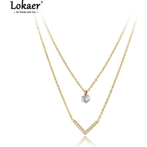 Lokaer Goth 316L Stainless Steel CZ Crystal Charm Pendant Necklaces Bohemia Double Layer Choker Necklace For Women Girls N21112