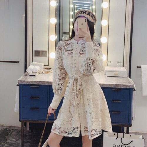 2020 Summer Sexy Embroidery Vintage Lace Mini Runway Dress Spring Lantern Sleeve Dresses Women A-line Elegant Boho Party Vestiti
