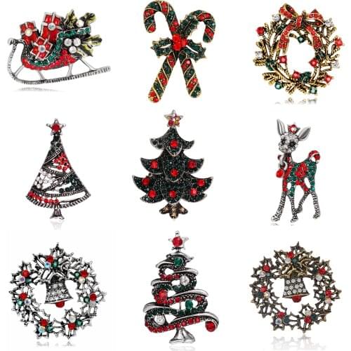 Christmas Brooch Series Brooch Pin Green Red Crystal Rhinestones Christmas Tree Elk Bells Jewelry For Women Men Gifts