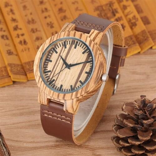 Black Analog Quartz Wristwatch Male Zebrawood Clock Coffee Brown Genuine Leather Wristband Casual Fashion Men Watch Simple Dial