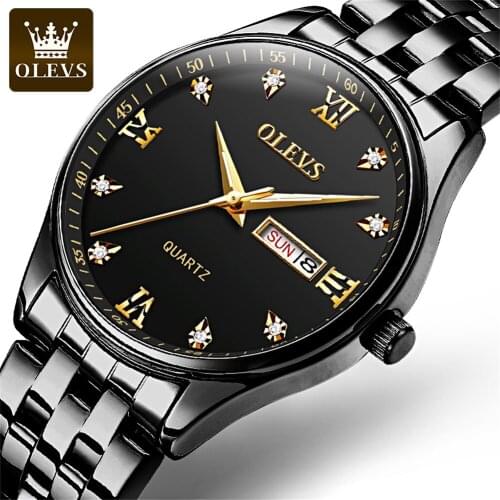 OLEVS Mens Watches New Fashion Casual Black Quartz Watch Men Calendar Week Sport Waterproof Male Clock Relogio Masculino+Box