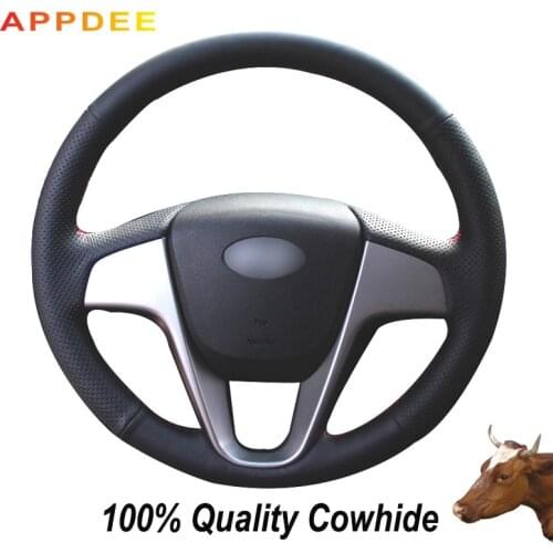APPDEE Black Genuine Leather Steering Wheel Cover for Hyundai Solaris Verna I20 Accent