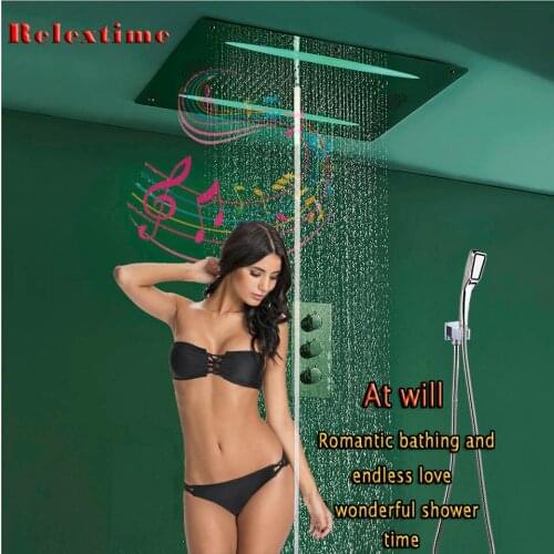 Bathroom Rain Shower Set 800x600mm Music FM Radio Bluetooth Shower Faucets Thermostatic Mixer Valve Square Bath Shower Head LED