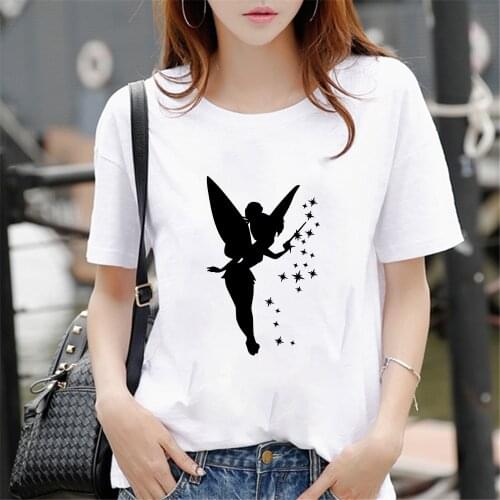 Disney Women T Shirt Cute Tinkerbell Fairy O-Neck Short Sleeve Summer Casual Cartoon Tshirt Tee Lady Girls Female Femmes Tops