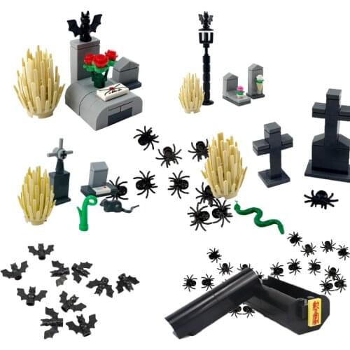 MOC City Accessories Grave Tombstone Snake Spider Bat Compatible Educational Building Blocks Toy Set For Horror Citys