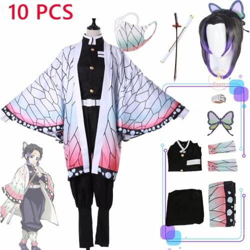 Kimetsu no Yaiba Shinobu Kocho Cosplay Costume Demon Slayer Hashira Corp Ninja Uniform Katana Butterfly Hairpin Black Purple Wig
