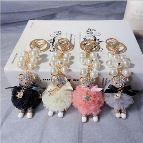 Creative Pearl String Wedding Dress Bear Keychain Cute Diamond Doll Car Key Chain Girl Heart Bag Pendant
