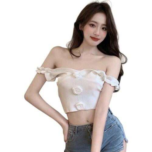 Summer Korean Style Women Camis Solid Color V Neck Flower Sexy Vest Navel Knitted Tank Tops
