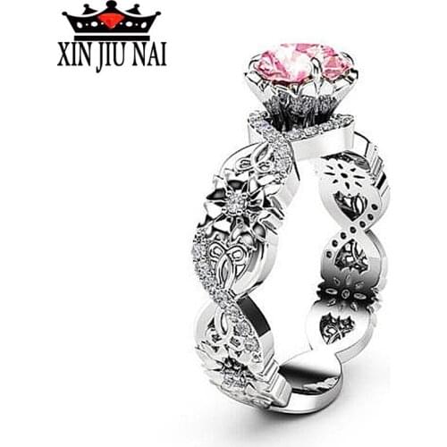 Fashion Round Pink Crystal Engagement Ring White Silver Romantic Wedding Rings For Women Party Jewelry Gift Anillos Mujer