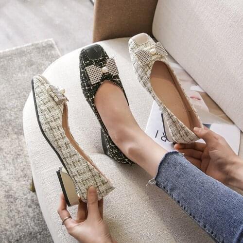 Pearl Crystal bowknot moccasins woman flats plaid fabric snakers shoes women 2021 square toe plated heels loafers big size 41-43