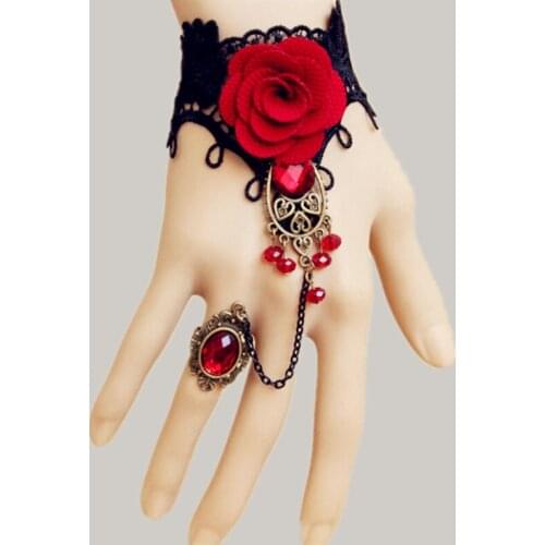NEW ARRIVAL Vintage Gothic Red Retro Beauty Woman Lace Bracelet Ring Set Lady Cabochon Decorations Fashion Party Ornament