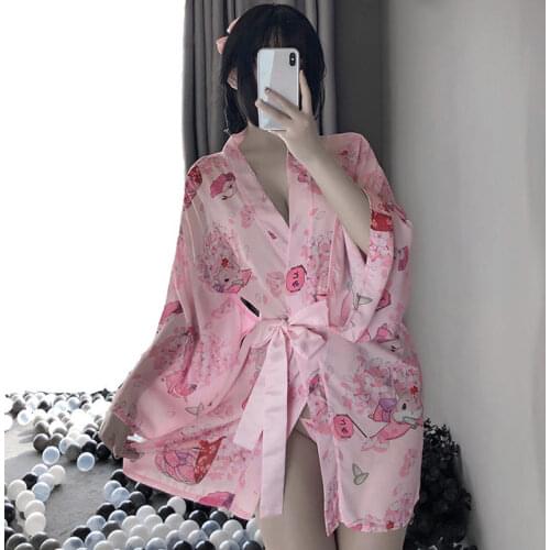 Sexy Lingerie Open Front Low-Cut Style Version Pink Cute Mouse Japanese Print Sweet Bow Tie Kimono Bathrobe Wide-Sleeved Suit