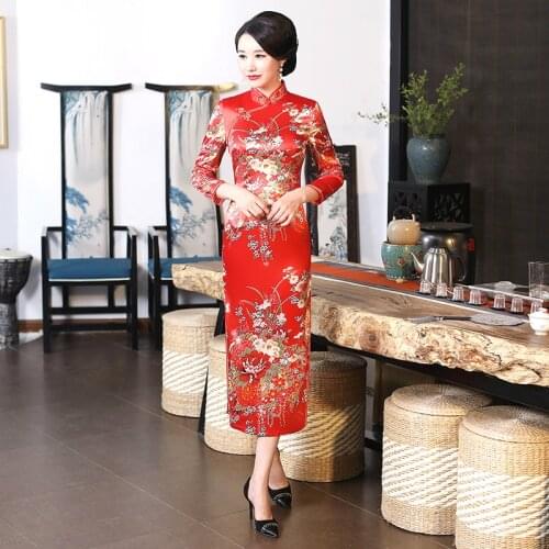 S-6XL Oriental Style Dresses Long Sleeve Qipao Robe Chinoise Middle-aged Banquet Traditional Chinese Dress Mom Cheongsam Plus