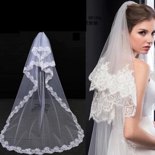 Romantic 1.5 Meters Elegant Cathedral Long One Layer Lace Edge White Bridal Veil Wedding Veil Mantilla