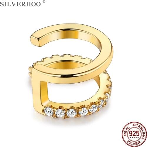 SILVERHOO 925 Sterling Silver Minimalist Double Gold Color Clip Earrings For Women Clear Cubic Zirconia Earring Silver Jewelry