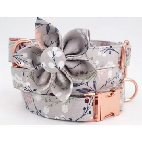 Grey floral girl dog collar flower for big, small dog cotton fabric collar with rose gold metal buckle