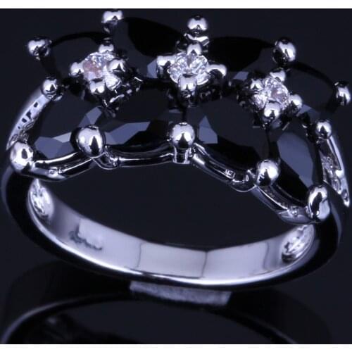 Sparkling Black Cubic Zirconia White CZ Silver Plated Ring V0086