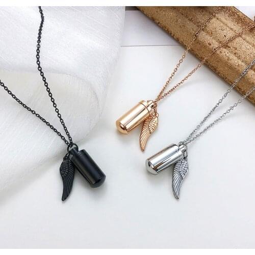 Urn Necklace for Ashes with Angel Wing Charm Cylinder Eternity Stainless Steel Women Unisex Cremation Jewelry