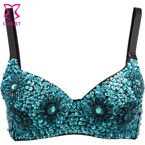 Ocean Blue Sunflower Floral Pattern Beading Sequins Sexy Bralette Push Up Bra Brassiere Top Bras For Women Belly Dance Wear
