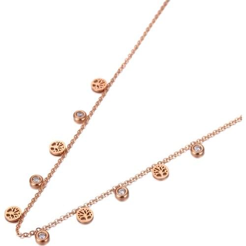 New Design Trendy Tree Plant Pendant Necklace For Women Stainless Steel CZ Crystal Link Chain Choker Necklace N20132