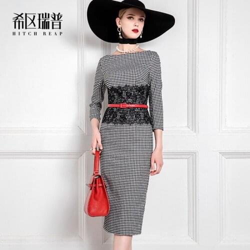 Premium Ladies'Plaid Lace Slim Dress Autumn And Winter European And American Dresses Are Usually Worn