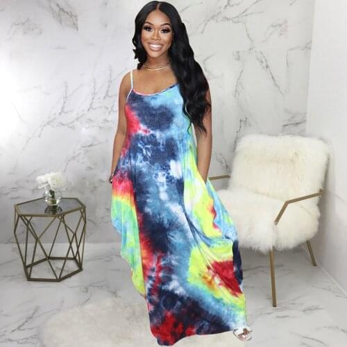 Tie Dye Women Sleeveless Dress Womens Maxi Dress for Beach Basic with Pocket Draped Long Dresses