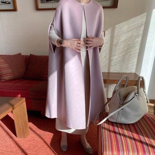 Korea Chic Elegant Temperament Cloak-style Shawl Sleeveless Woolen Coat Loose Mid-length Woolen Coat Women