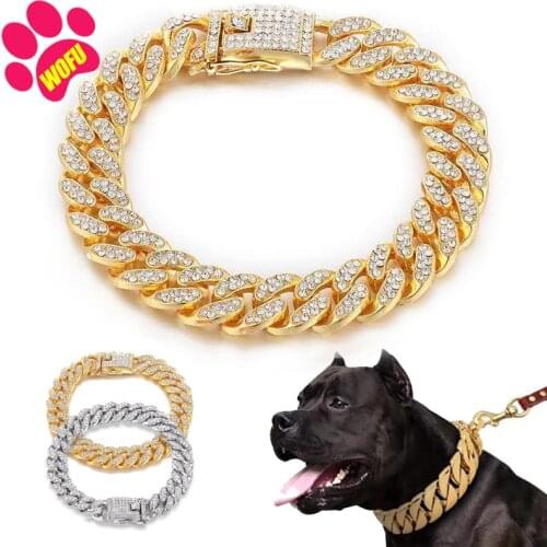 WOFUWOFU Diamond Gold Dog Collars,Stainless Steel Pet Collar Leash Metal Chain Luxury Crystal Large Dog Collar Leather Pitbull