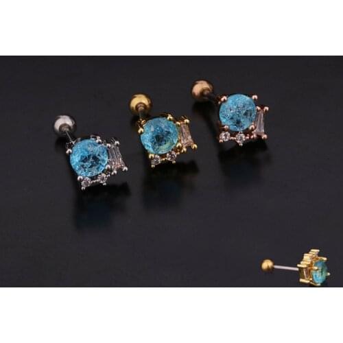 1 PCS Small Copper Blue Zircon Geometric Shape Stud Earring Trendy Steel Round Ball Ear Cartilage Piercing Cuff Jewelry