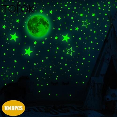 Tofok 1049PCS Moon Stars Dots Green Luminous Wall Stickers Children Room Ceiling Stairs Decoration Fluorescent Mural Decals